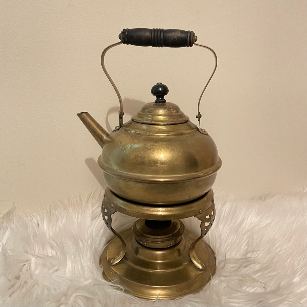 Vintage brass tea pot kettle on stand boho decor burner warmer